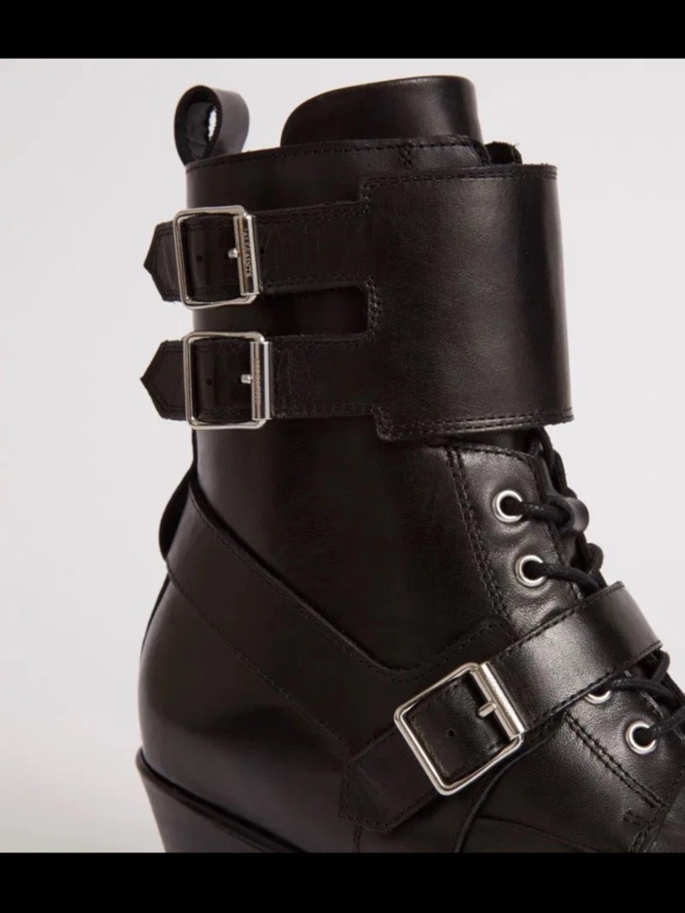 AllSaints Alix Black Leather Lace-Up Ankle Buckle Moto Boots US 6.5/EU 37